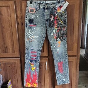 Reason Blue Skinny Jeans with Artistic Design